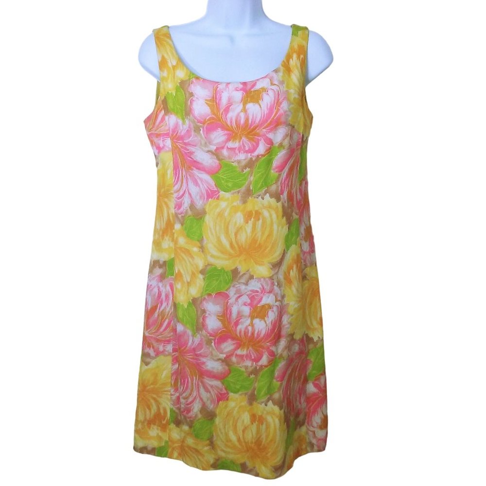 Vintage 60s Alex Colman Tropical Floral Sheath Tank Dress -S(6) Linen Zip Lined